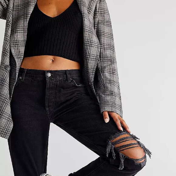 FREE PEOPLE Maggie Mid Rise Washed Black Distressed Straight Leg Cropped Jeans - Picture 2 of 5